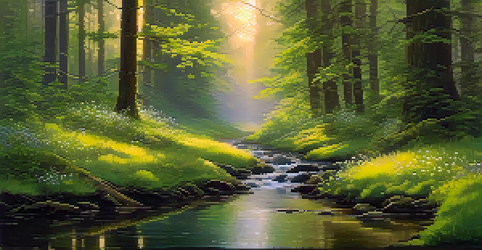 A peaceful forest scene at dawn with sunlight filtering through trees, a mossy ground, wildflowers, and a gentle stream.