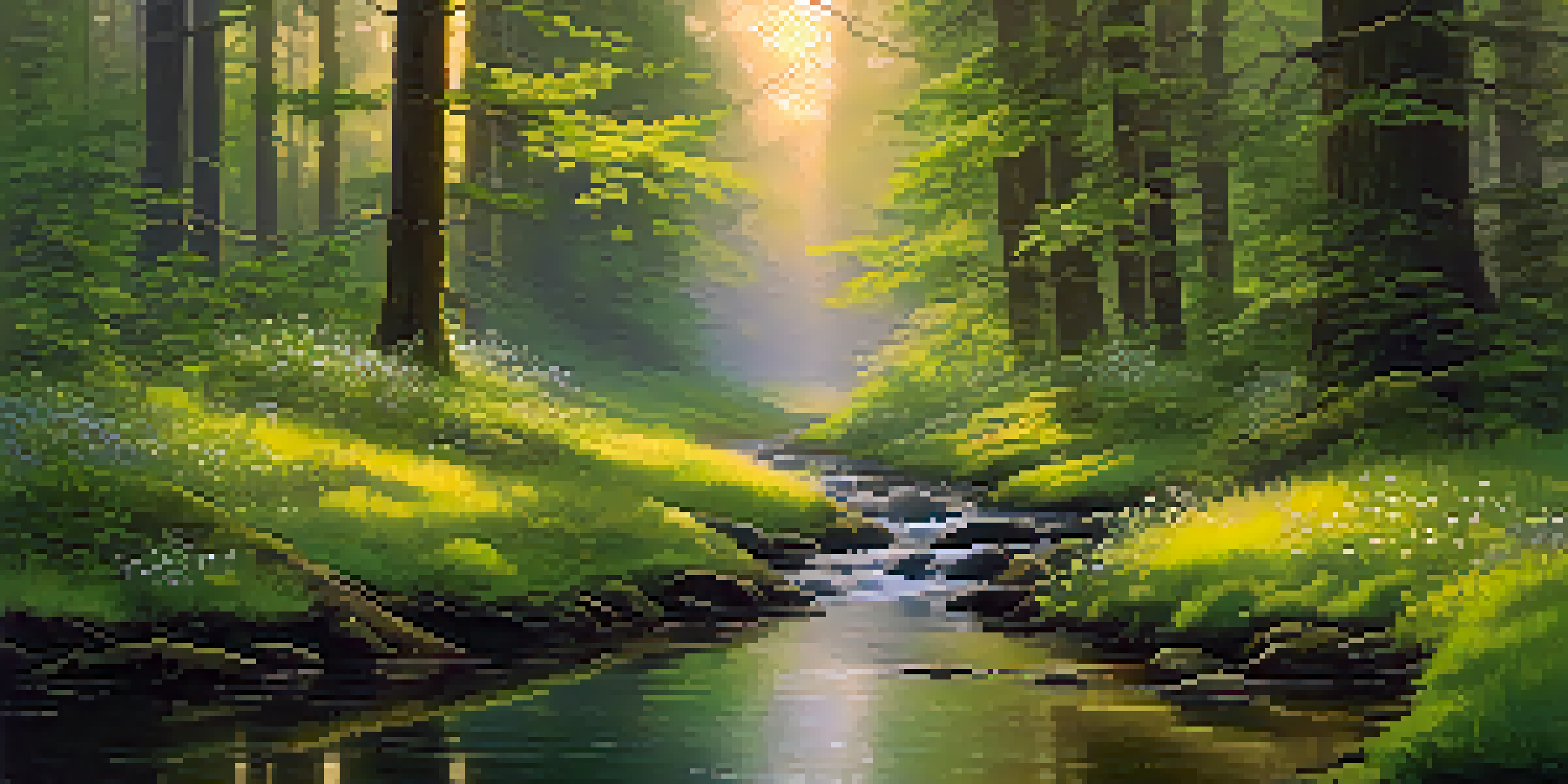 A peaceful forest scene at dawn with sunlight filtering through trees, a mossy ground, wildflowers, and a gentle stream.