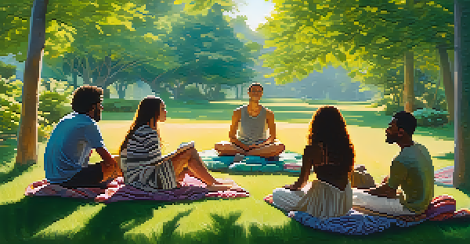 A group of diverse individuals sitting in a circle on grass during a retreat, engaged in conversation with soft sunlight filtering through trees.
