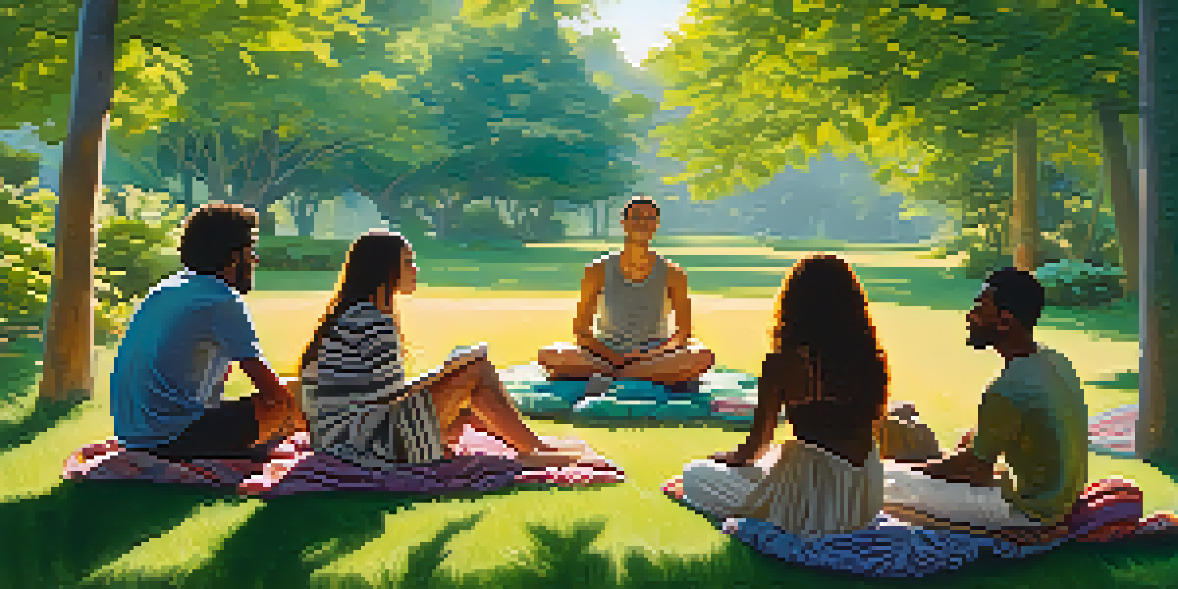 A group of diverse individuals sitting in a circle on grass during a retreat, engaged in conversation with soft sunlight filtering through trees.