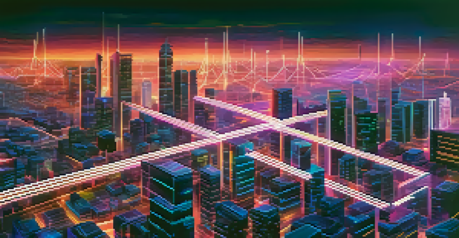 A digital artwork showing interconnected blocks of blockchain data against a futuristic cityscape at dusk.
