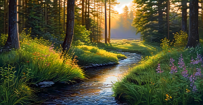 A peaceful forest scene at sunset, featuring sunlight filtering through leaves and a gently flowing stream with blooming wildflowers.