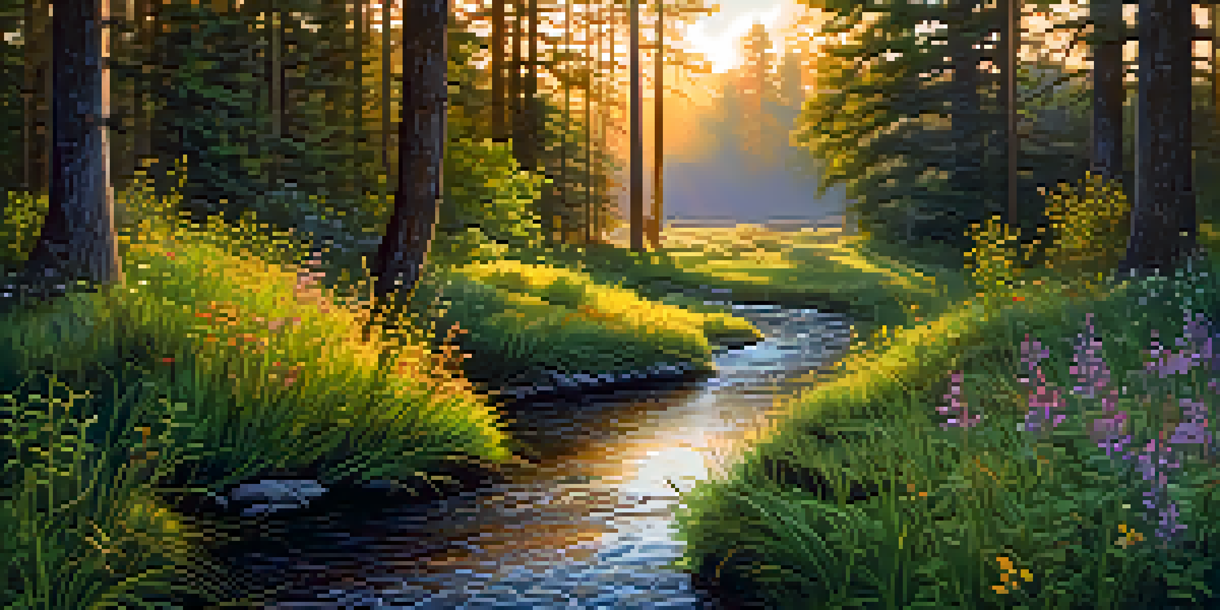 A peaceful forest scene at sunset, featuring sunlight filtering through leaves and a gently flowing stream with blooming wildflowers.