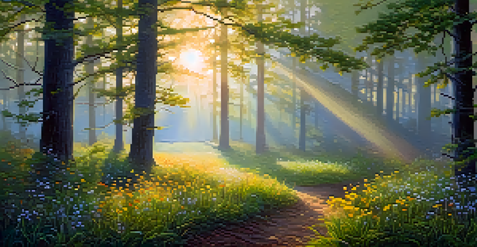 A tranquil forest at dawn with dew on leaves, soft mist, and sunlight filtering through trees, highlighting colorful wildflowers.