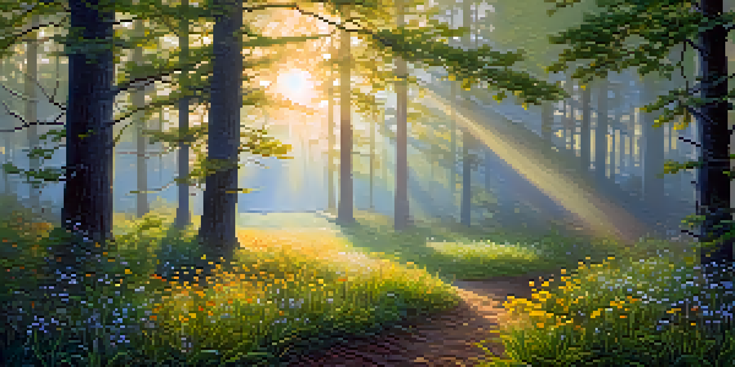 A tranquil forest at dawn with dew on leaves, soft mist, and sunlight filtering through trees, highlighting colorful wildflowers.