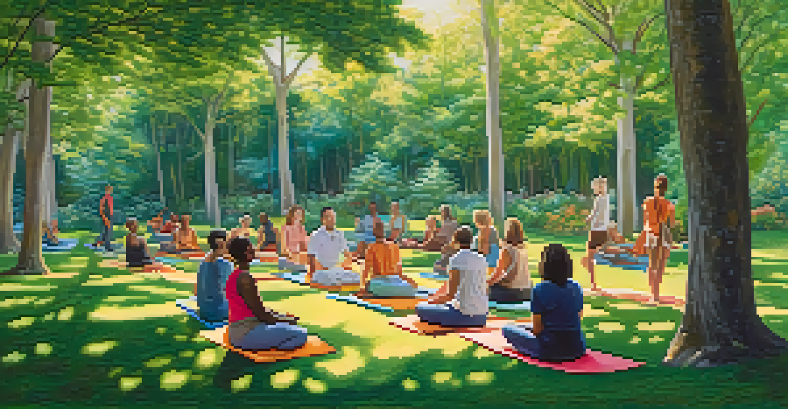 A group of individuals practicing breathwork outdoors in a lush green setting with a bright blue sky.
