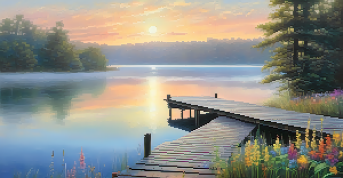 A peaceful sunrise over a lake with mist and a wooden dock surrounded by greenery and wildflowers.