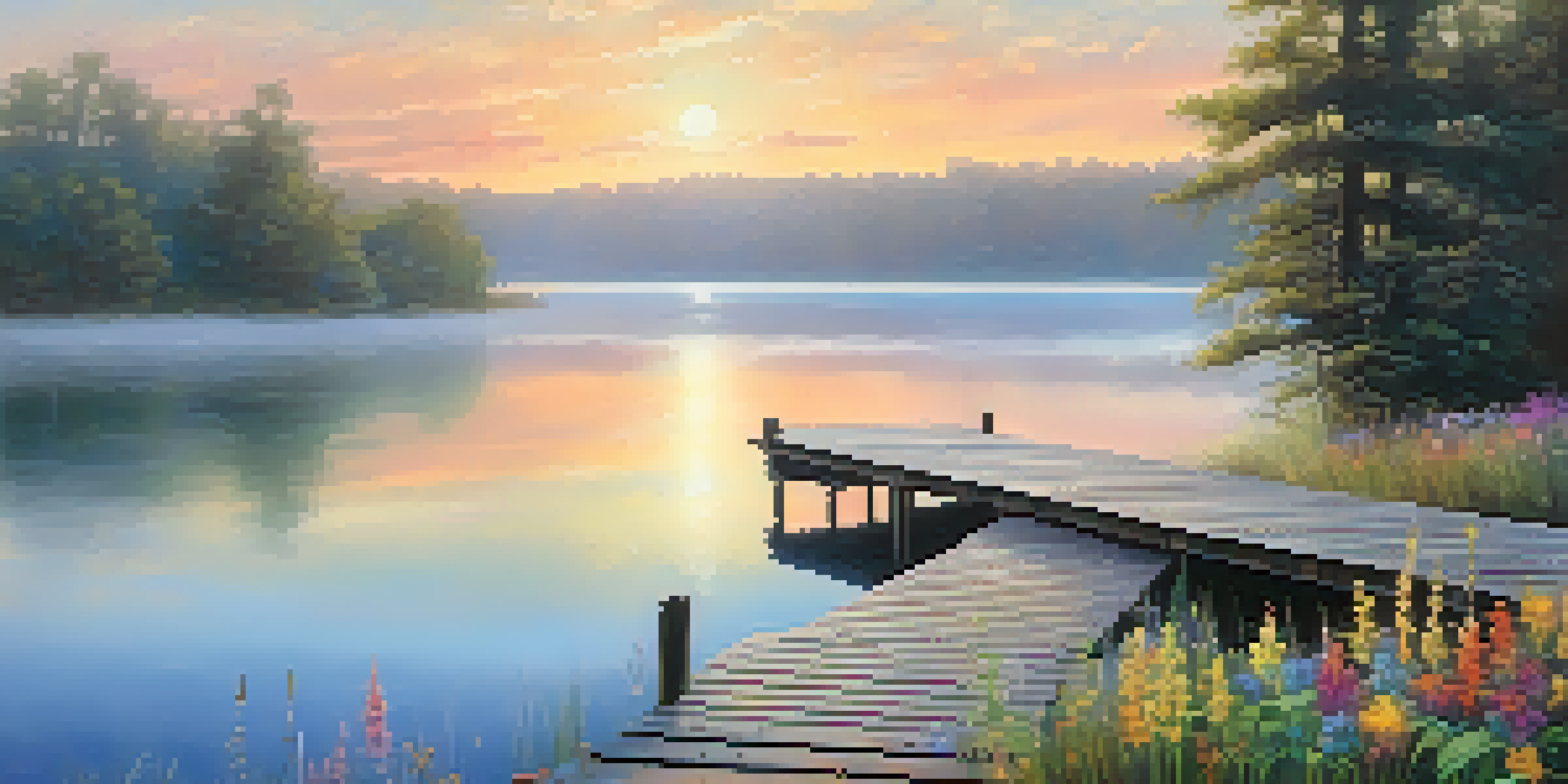 A peaceful sunrise over a lake with mist and a wooden dock surrounded by greenery and wildflowers.