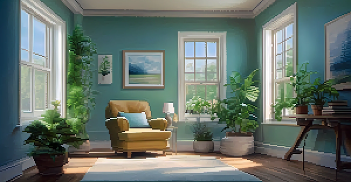 A cozy therapy room with soft lighting, plants, and a calming color palette, designed for introspection and healing.