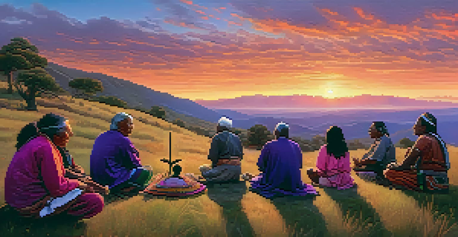 An Indigenous elder leading a sharing circle on a hillside during sunset, with attentive participants around.