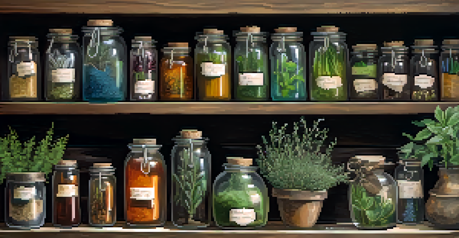 A collection of colorful medicinal plants on a wooden table with handwritten labels, set in a cozy workshop.