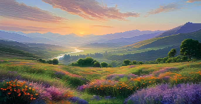 A peaceful valley with a river, wildflowers in the foreground, and mountains in the background during sunrise.