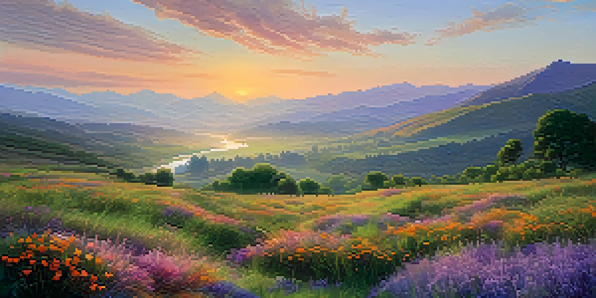 A peaceful valley with a river, wildflowers in the foreground, and mountains in the background during sunrise.