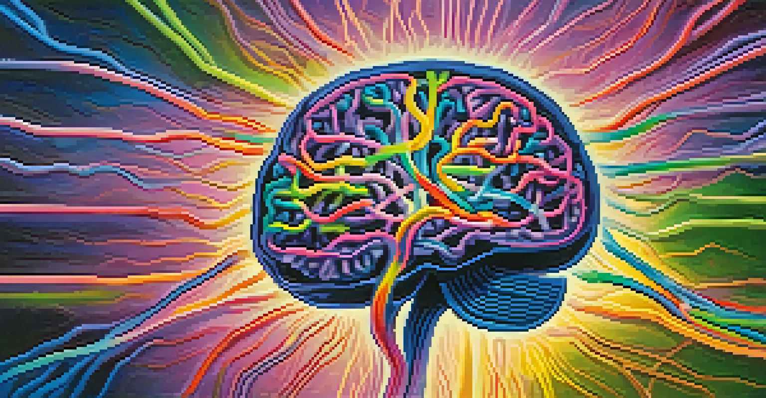 An abstract brain illustration with glowing neural pathways against a dark blue and purple background.