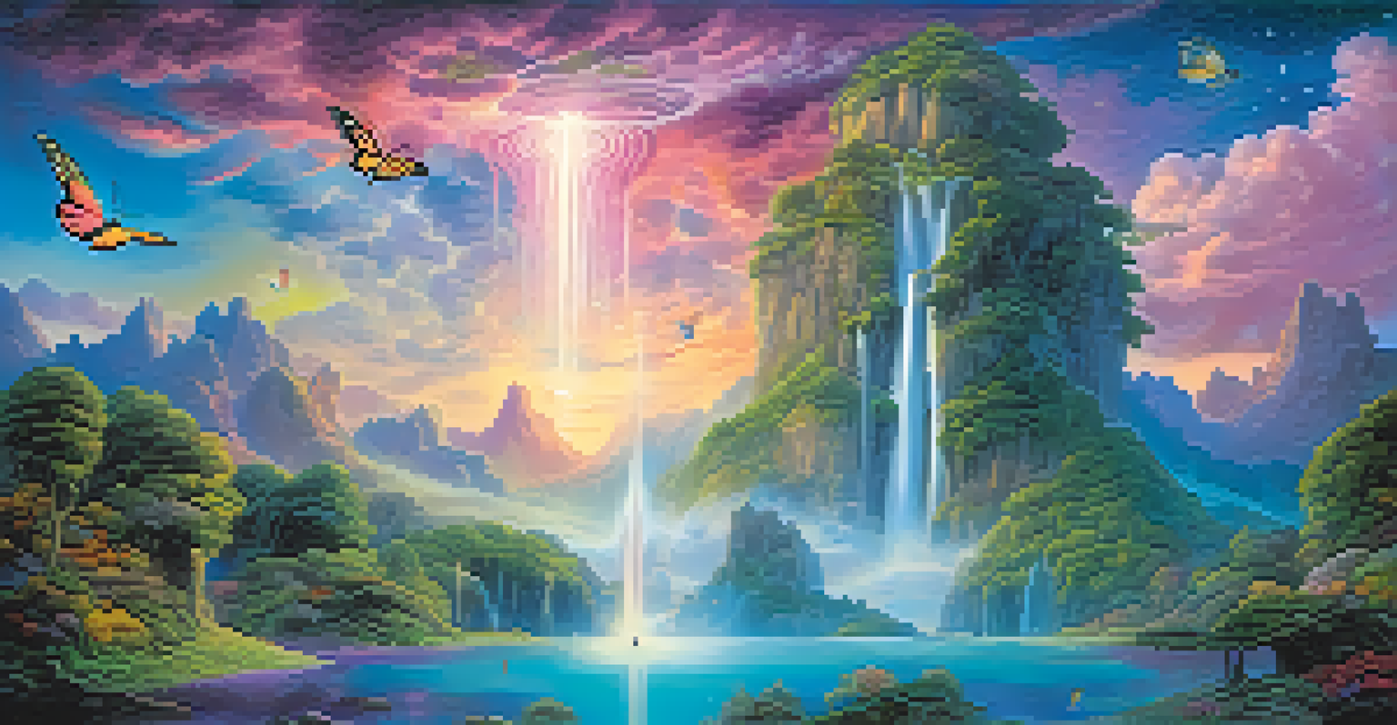 A surreal landscape with floating islands, a starry sky, and colorful clouds, featuring ethereal creatures.