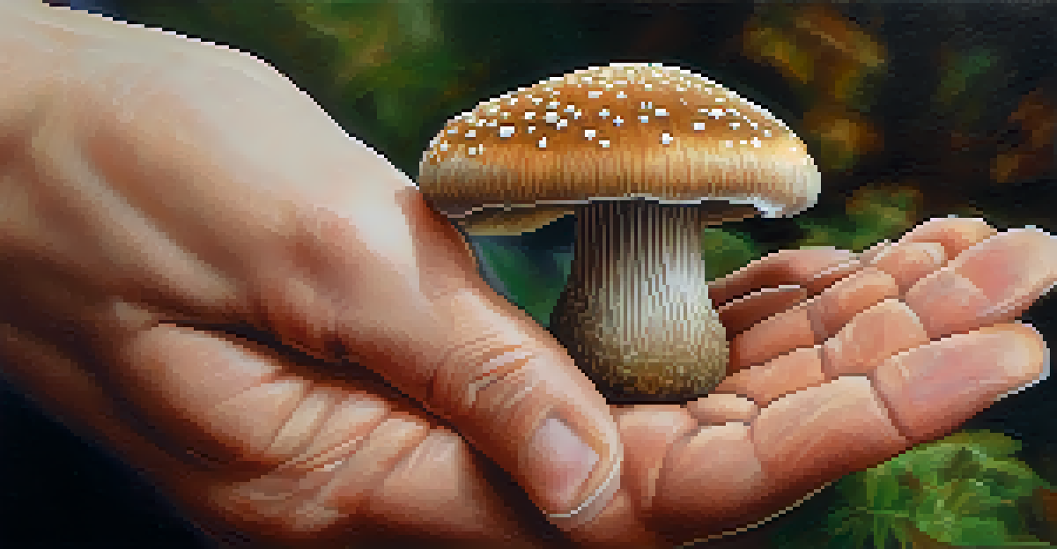 Hands holding a colorful mushroom close-up, emphasizing texture and detail.