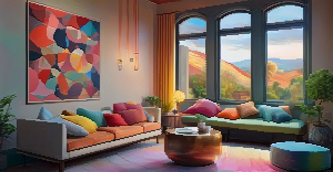 A cozy and inviting indoor space filled with colorful cushions, warm lighting, and abstract art, perfect for relaxation and exploration.