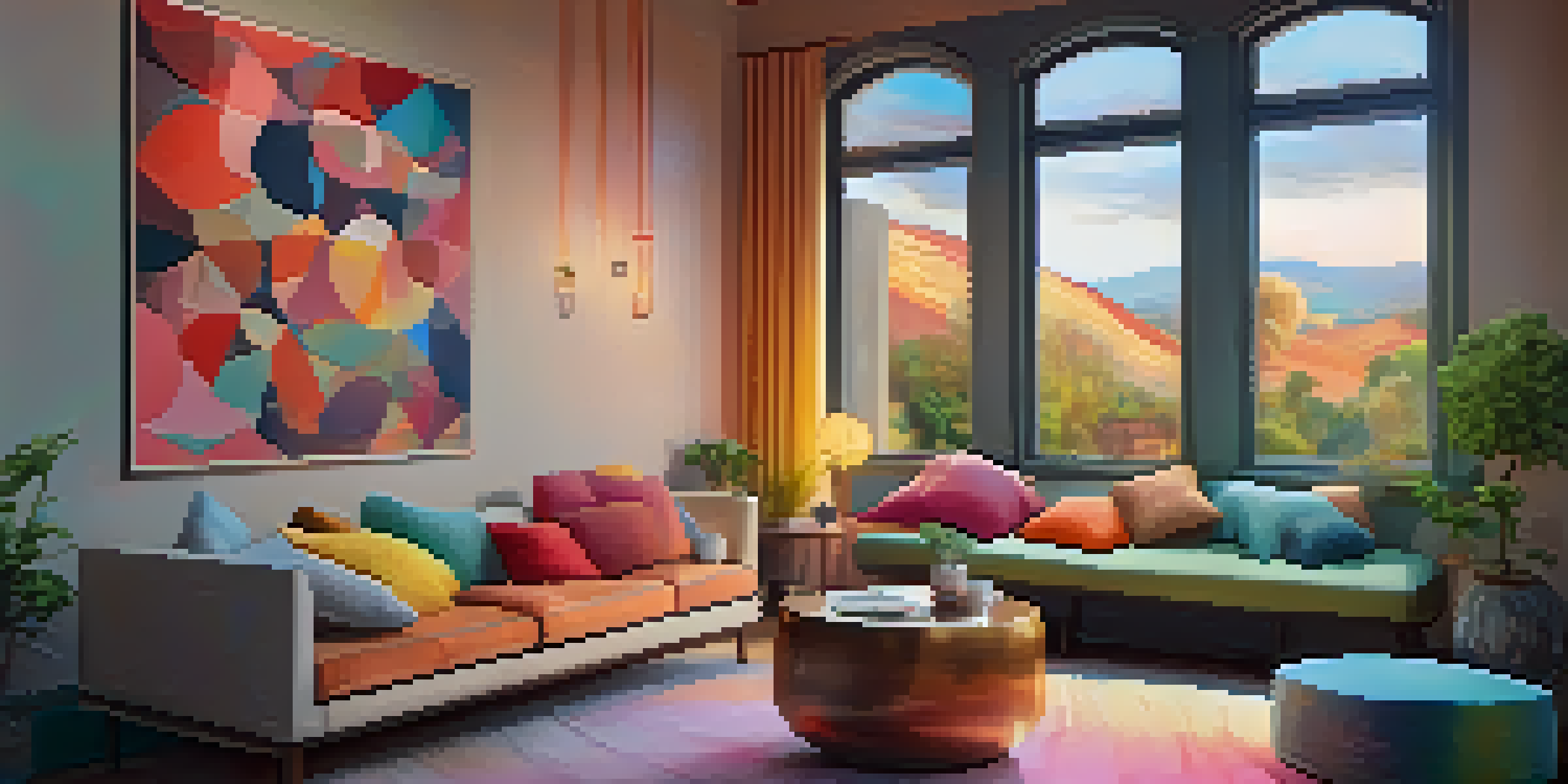 A cozy and inviting indoor space filled with colorful cushions, warm lighting, and abstract art, perfect for relaxation and exploration.