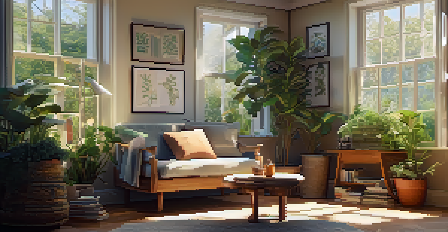A cozy sunlit room with plants, a reading nook, and warm light streaming through a window.