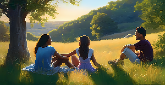A group of friends engaged in deep conversation on a grassy hill during sunset, surrounded by wildflowers.