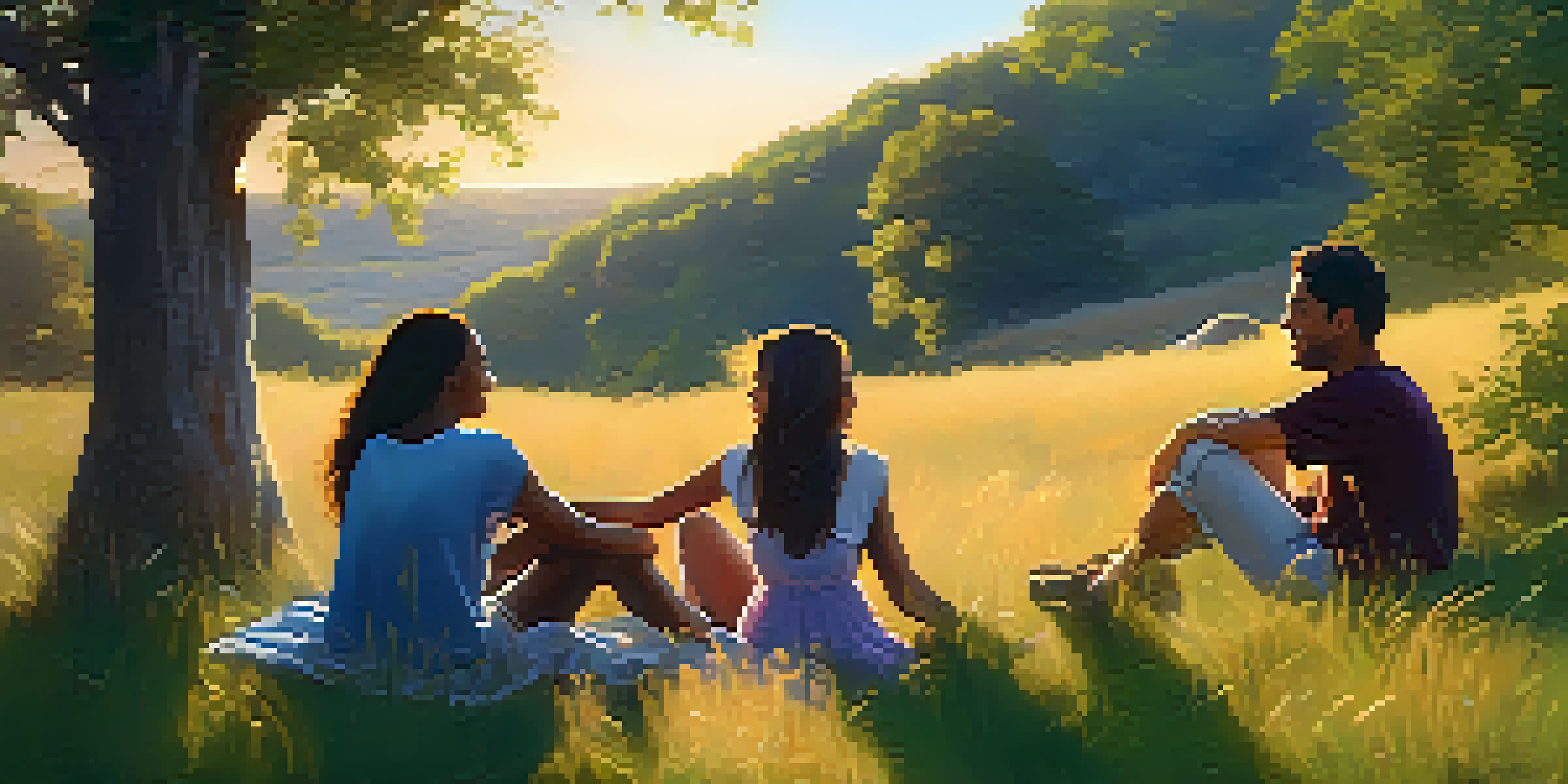 A group of friends engaged in deep conversation on a grassy hill during sunset, surrounded by wildflowers.