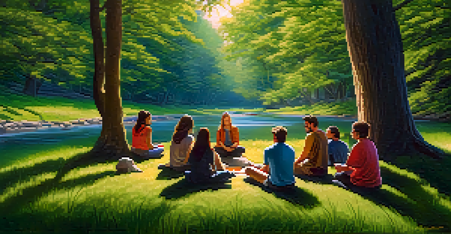A group of people sitting in a circle in a forest, sharing emotions during a therapy session.