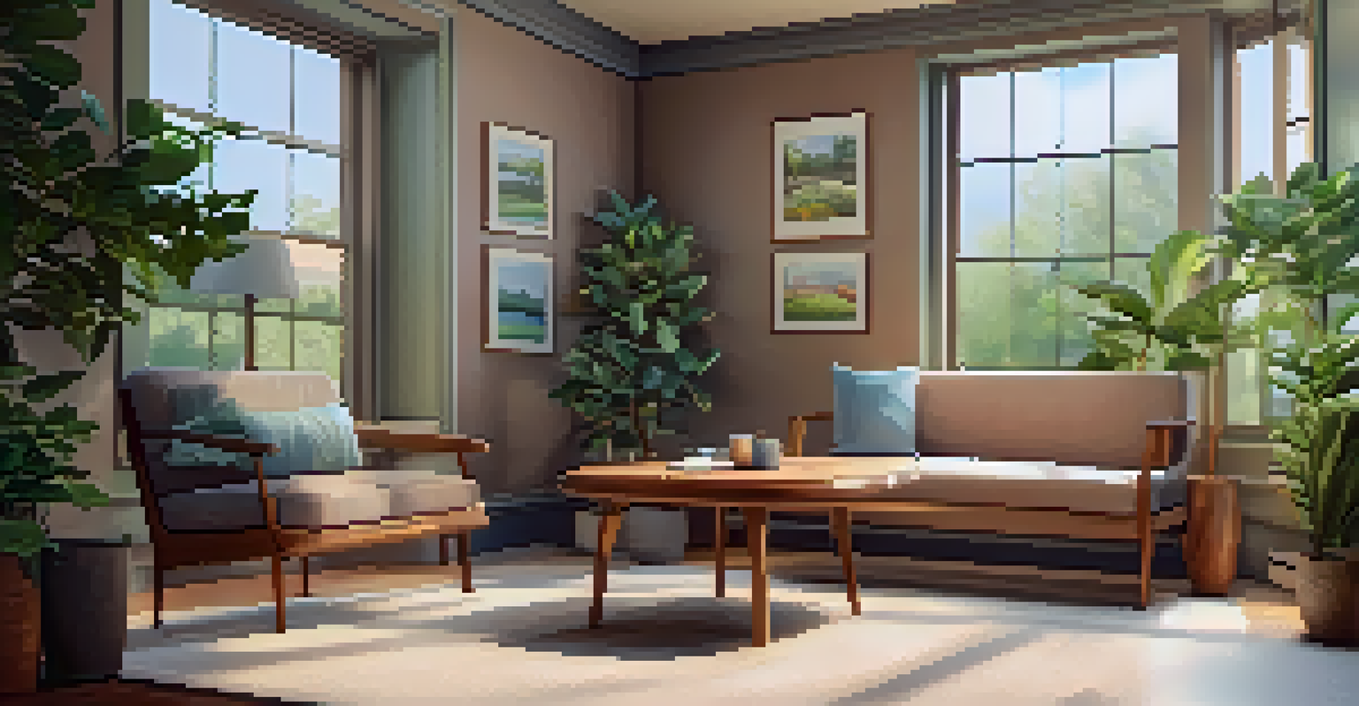 A comfortable therapy room with soft lighting, plants, and a view of a serene garden.