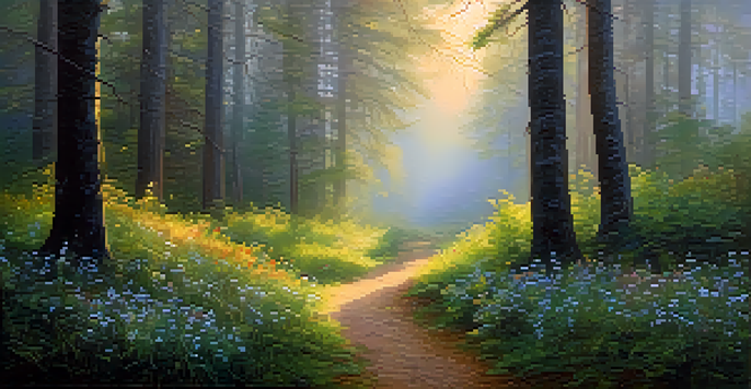 A serene forest at dawn with golden light, wildflowers, and a misty path.