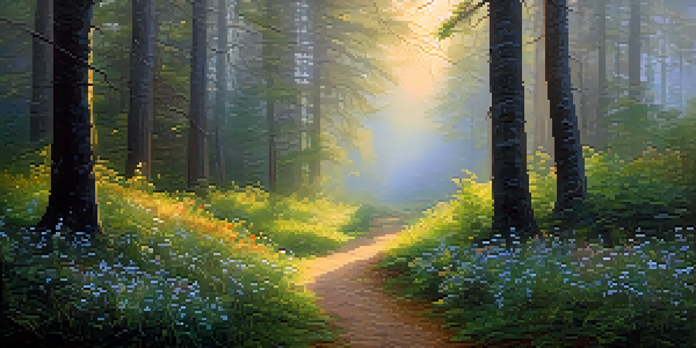 A serene forest at dawn with golden light, wildflowers, and a misty path.