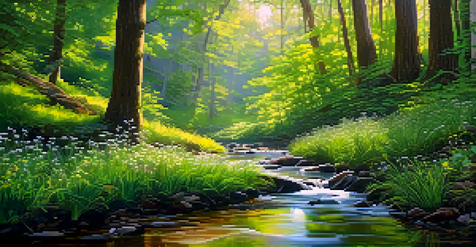 A lush green forest with sunlight filtering through leaves and a small stream reflecting vibrant colors, creating a peaceful and inviting atmosphere.