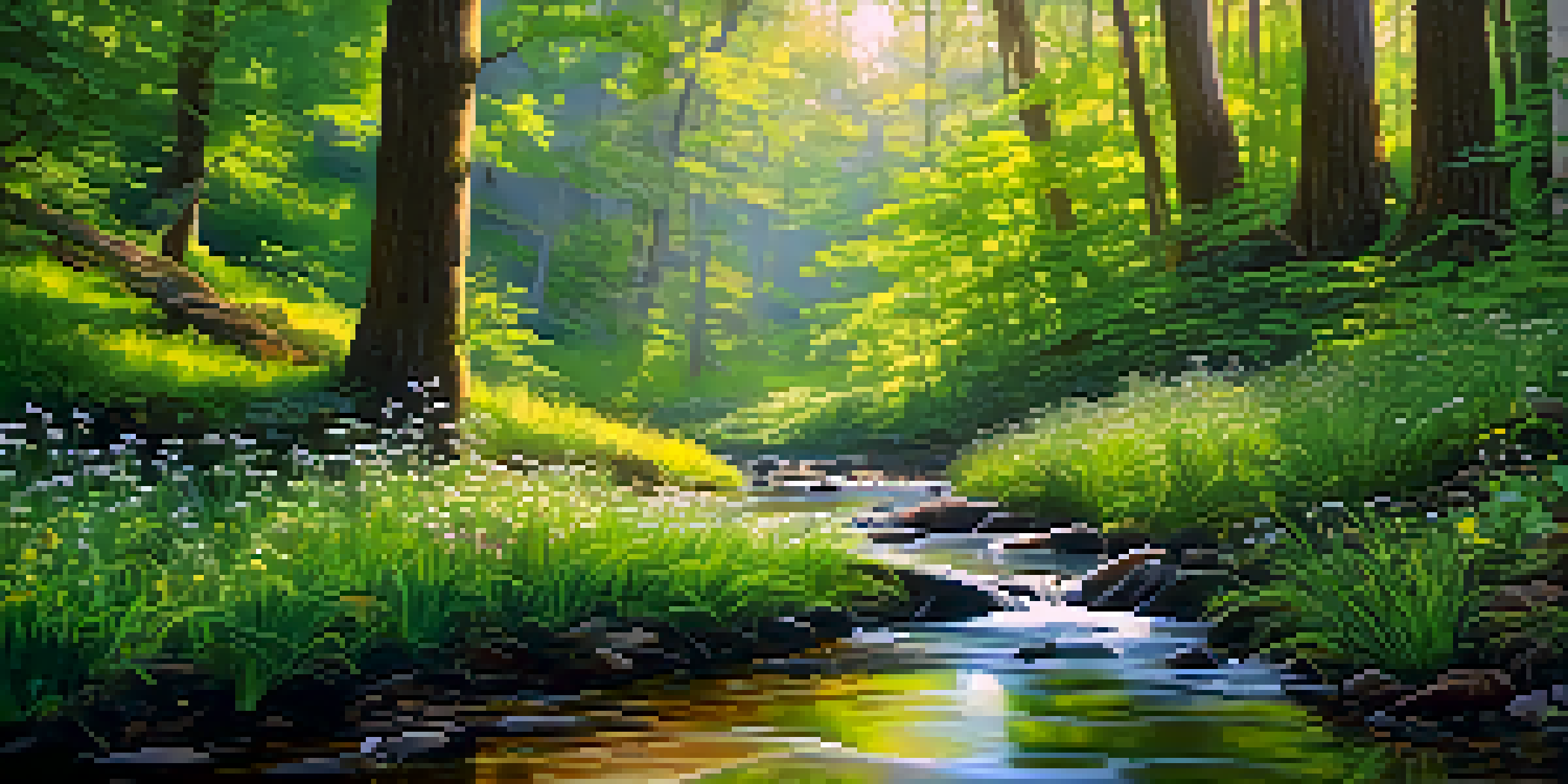 A lush green forest with sunlight filtering through leaves and a small stream reflecting vibrant colors, creating a peaceful and inviting atmosphere.