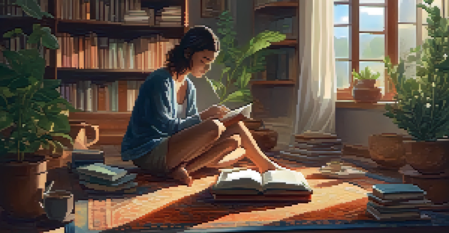 A person sitting on a rug in a cozy indoor space, surrounded by books and a plant, with warm lighting and a cup of tea nearby.