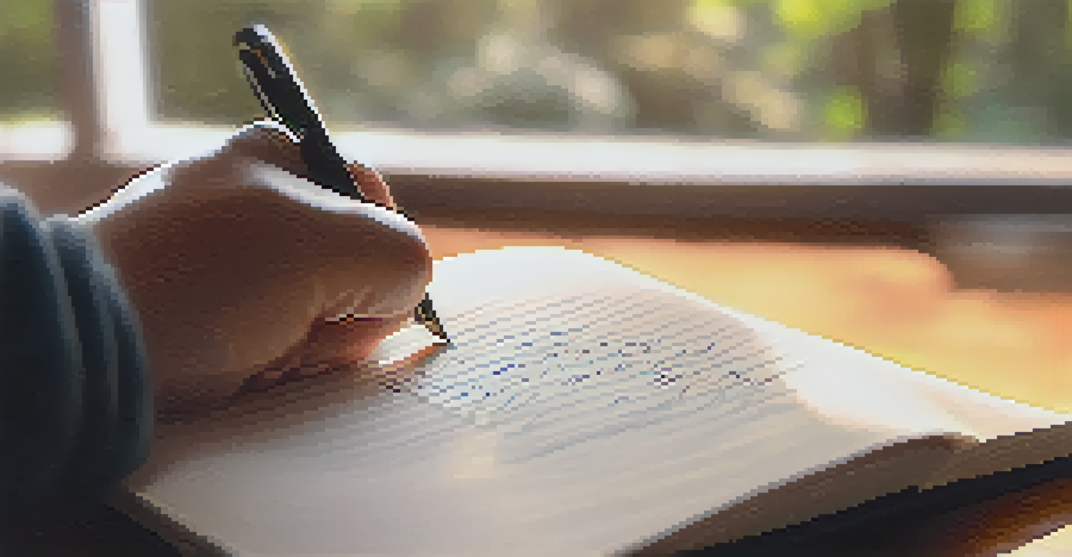 A close-up of a hand writing in a journal with nature scenes softly blurred in the background.