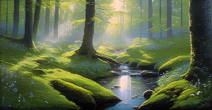 A tranquil forest at dawn with sunlight filtering through trees, moss-covered ground, and blooming wildflowers near a misty stream.