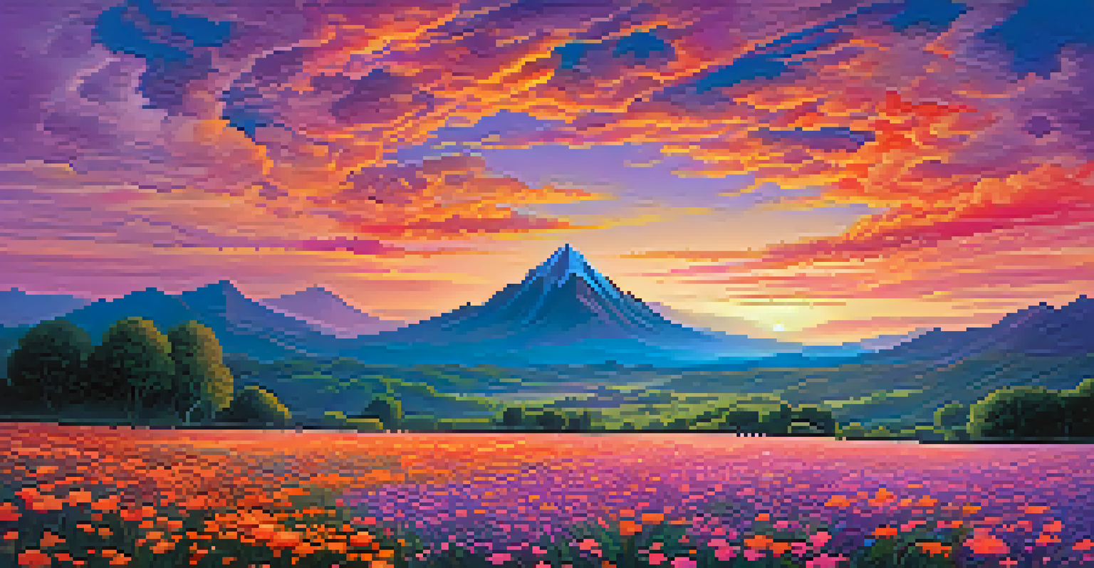 A surreal dreamscape with a colorful sunset sky and luminescent flowers in a field with silhouetted mountains in the background.