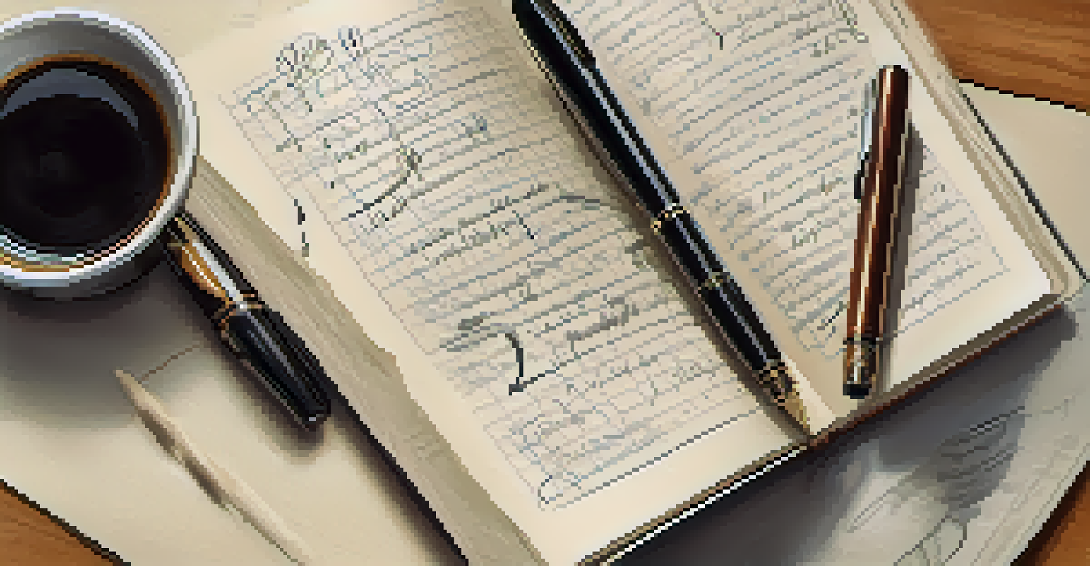 A close-up of an open journal with handwritten notes and a fountain pen, with a cup of coffee softly blurred in the background.