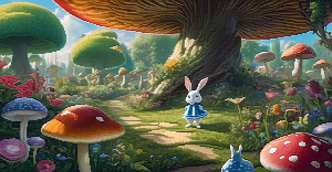 A colorful garden with oversized flowers and a rabbit, featuring a whimsical tea party in the background under soft sunlight.