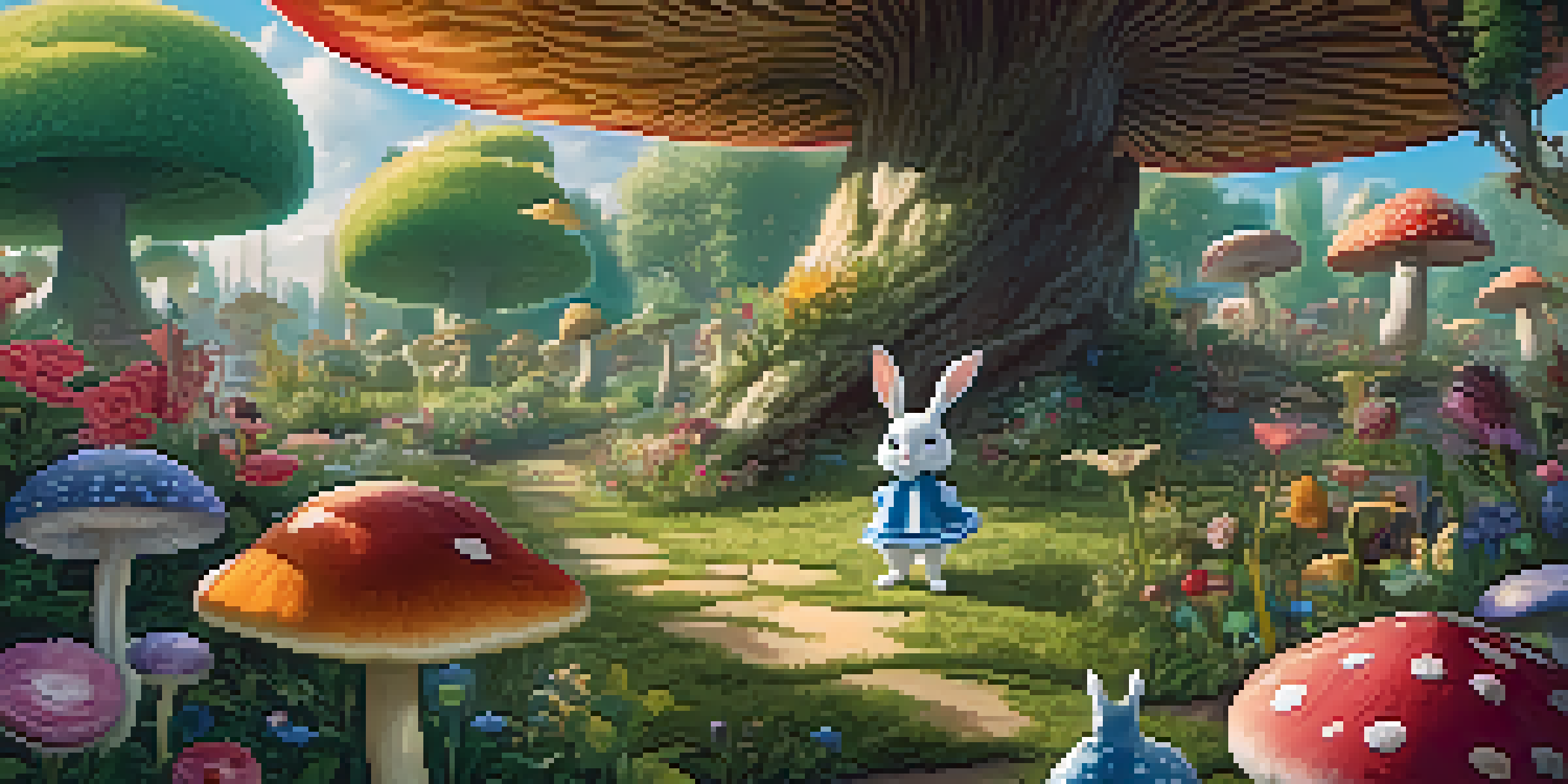 A colorful garden with oversized flowers and a rabbit, featuring a whimsical tea party in the background under soft sunlight.