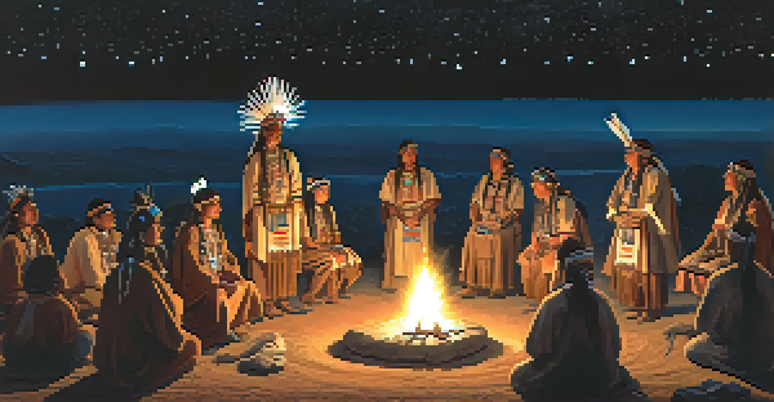 A ceremonial gathering under a starlit sky, showing participants in traditional attire engaged in a peyote ceremony with candlelight.