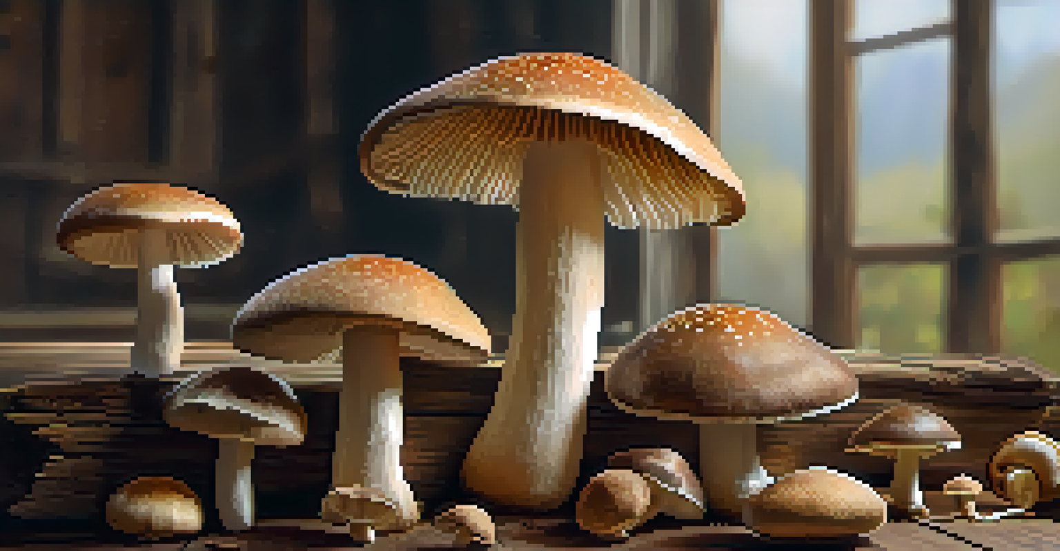 A close-up of freshly harvested psilocybin mushrooms on a wooden table with a vintage scale, showcasing their intricate details.