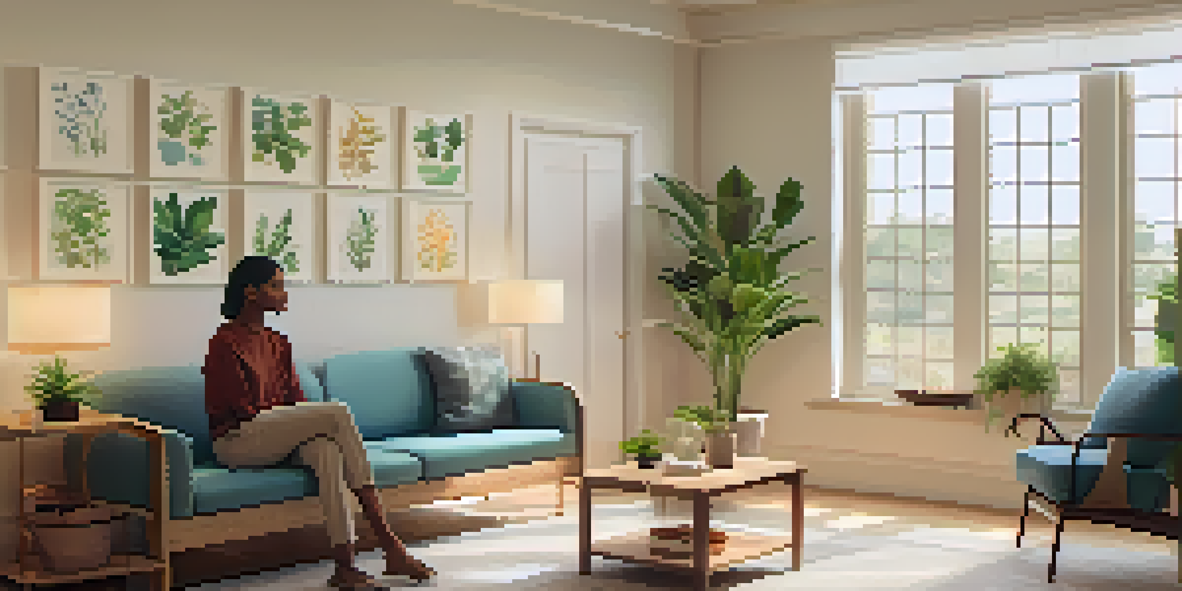 A therapy room with a couch, plants, and a therapist supporting a patient in a calm environment.