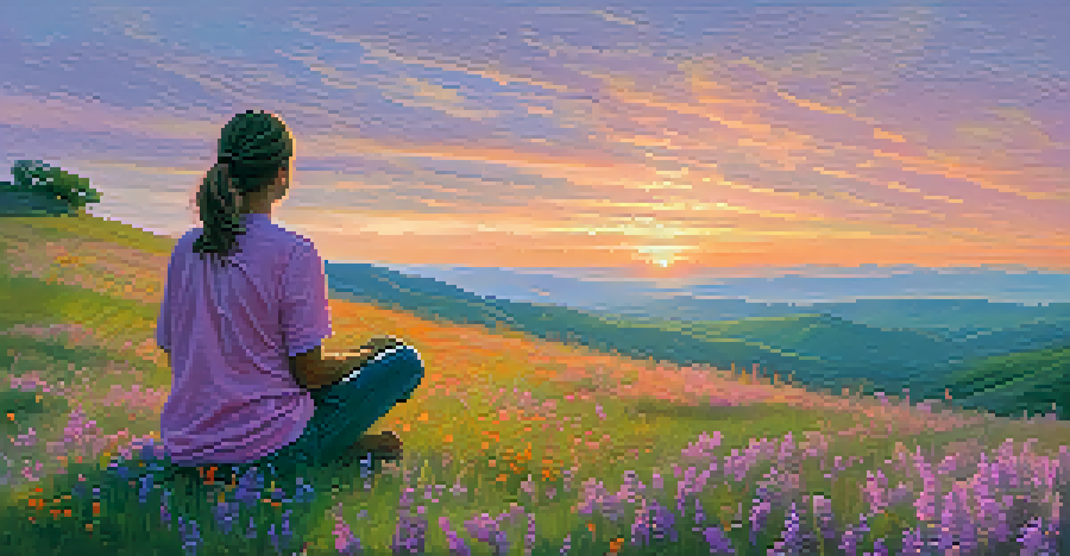 A person meditating on a hilltop surrounded by flowers, with a colorful sunset in the background.