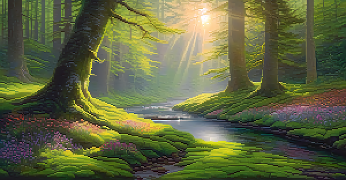 A peaceful forest at dawn with sunlight filtering through trees and mist rising from the ground.