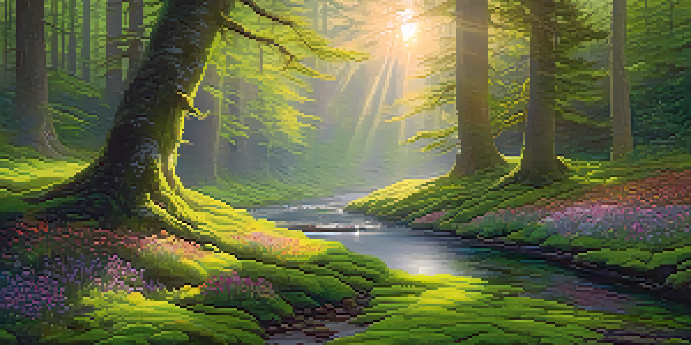 A peaceful forest at dawn with sunlight filtering through trees and mist rising from the ground.