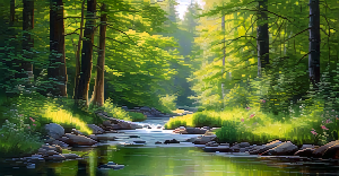 A peaceful forest scene with sunlight filtering through the trees, colorful wildflowers in the foreground, and a stream flowing through the landscape.