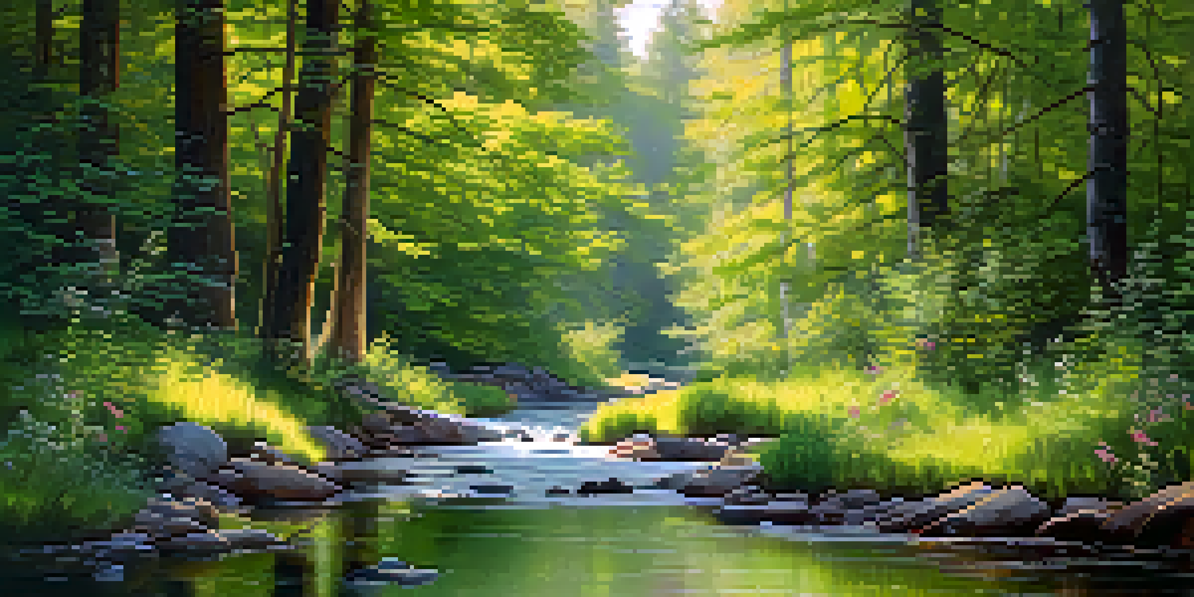 A peaceful forest scene with sunlight filtering through the trees, colorful wildflowers in the foreground, and a stream flowing through the landscape.