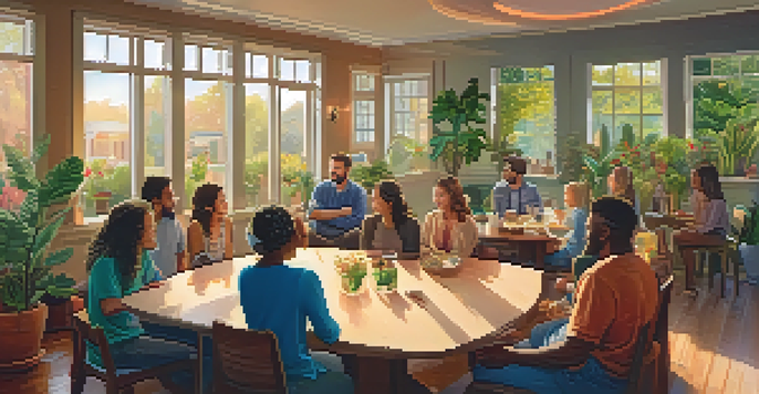 A cozy room with people in a circle having a supportive discussion, surrounded by plants and colorful artwork.