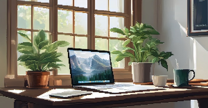 A cozy workspace with a wooden desk, laptop, plants, and a cup of tea in soft natural light.