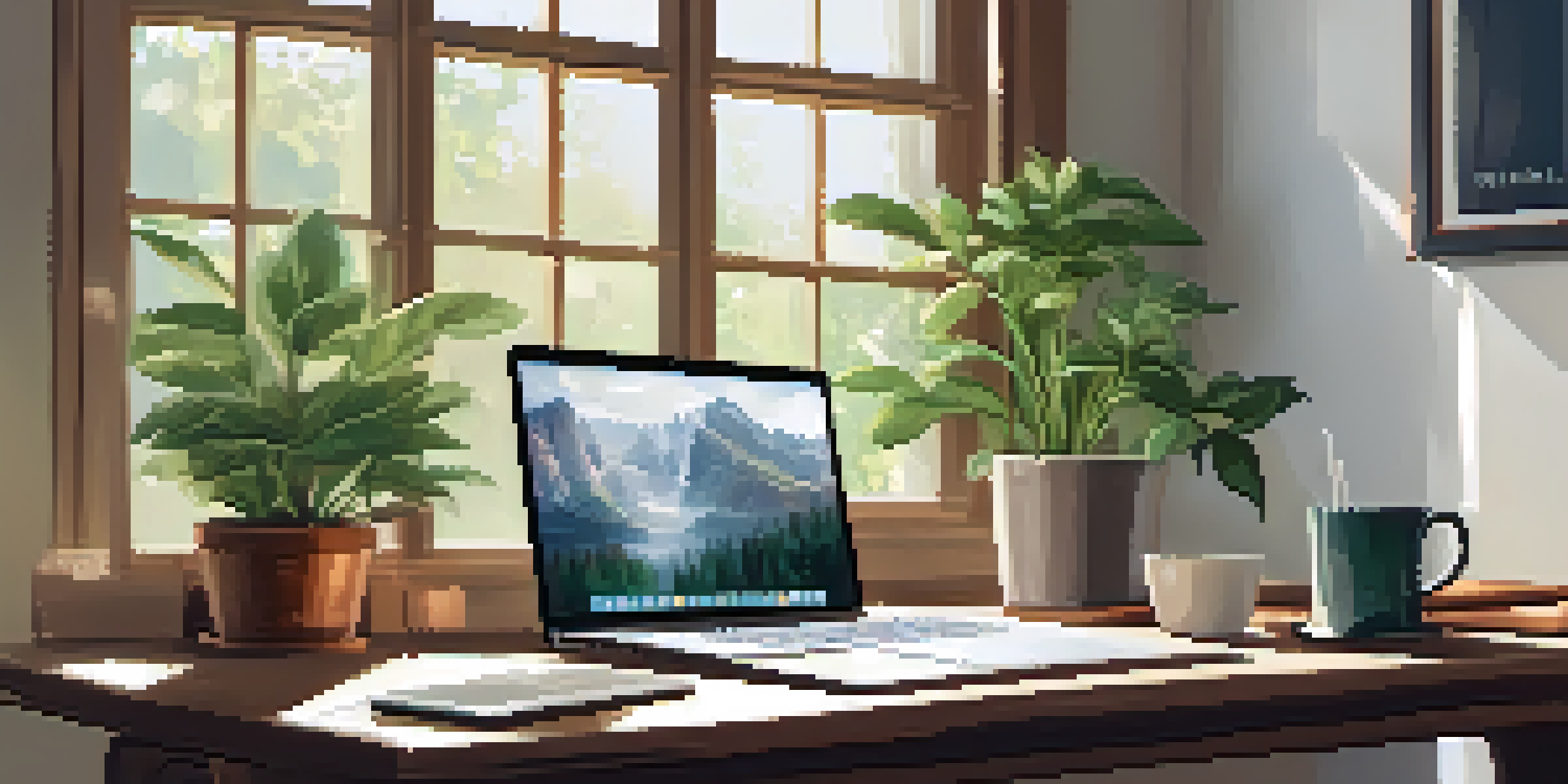 A cozy workspace with a wooden desk, laptop, plants, and a cup of tea in soft natural light.