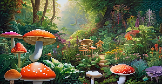 A colorful garden filled with various hallucinogenic plants, illuminated by gentle morning light.